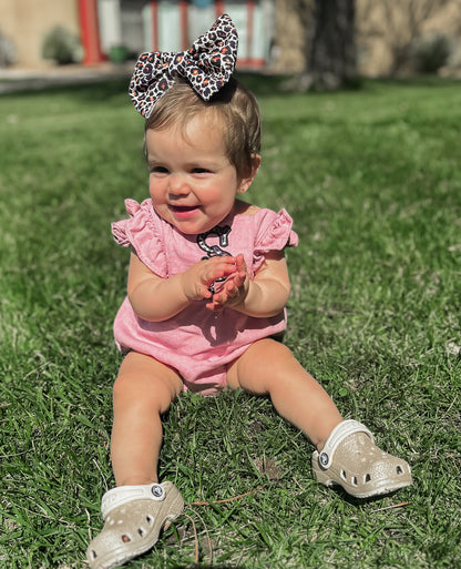 Pink Girls Romper with Black Cheetah Appliqué w/ Bow