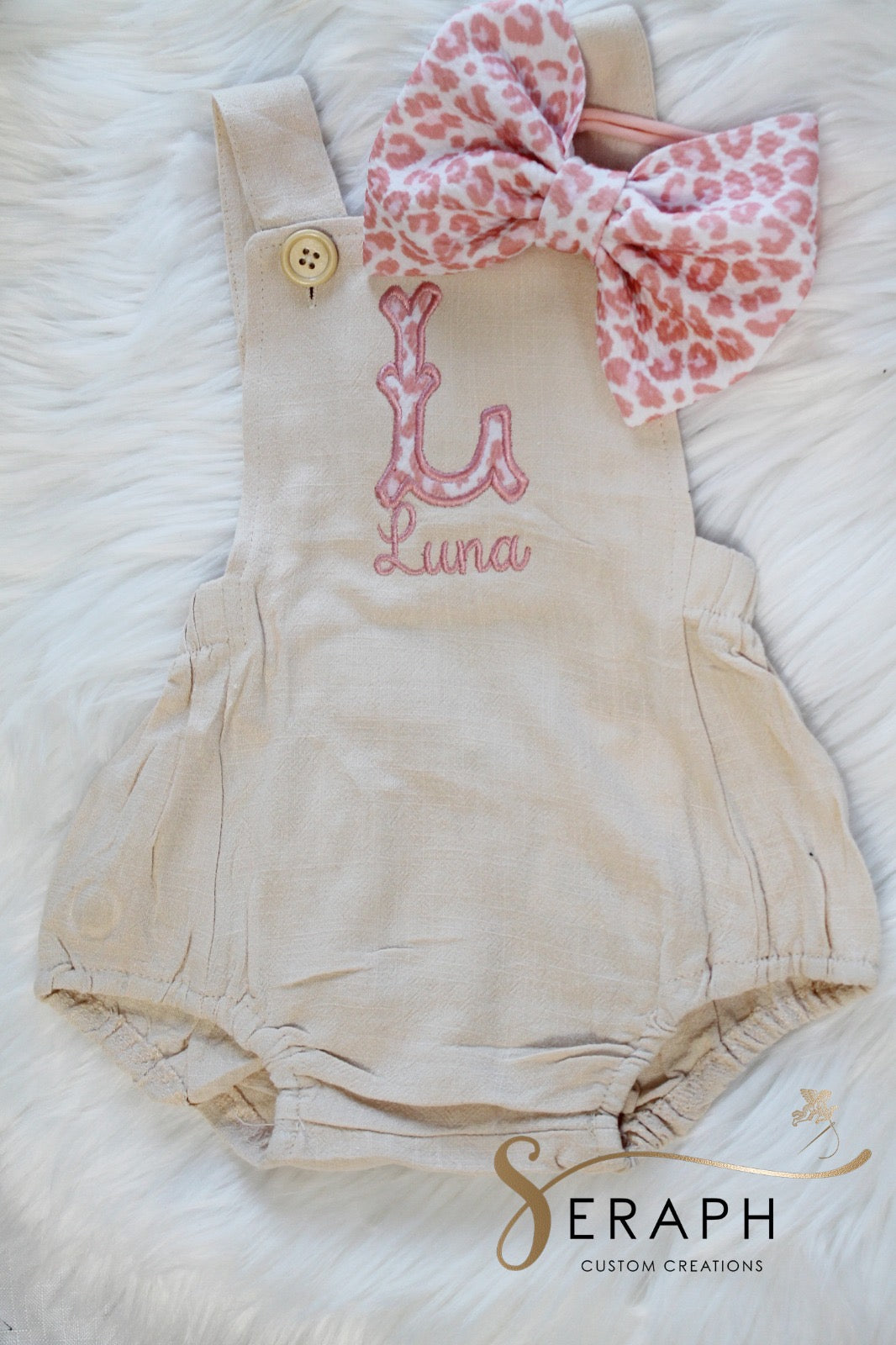 Girls Oatmeal Romper with Pink Cheetah Appliqué w/ Bow