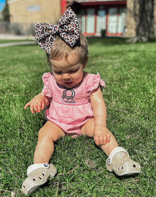 Pink Girls Romper with Black Cheetah Appliqué w/ Bow