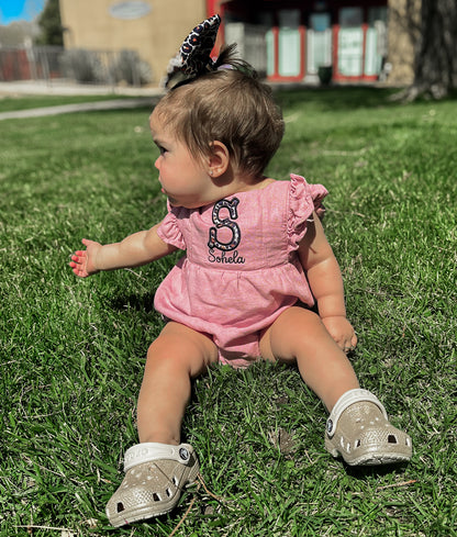 Pink Girls Romper with Black Cheetah Appliqué w/ Bow